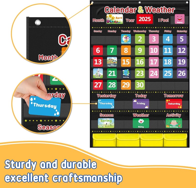 AKAYOK Calendar and Weather Pocket Chart for Kids Learning, Large 44.5”x28” Homeschooling Calendar Pocket Chart with 113 Cards, Teacher and Back to School Supplies - Image 4